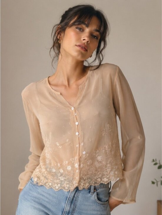 Vintage Tops - Vintage Sheer Embroidered Button-Front Blouse in Beige